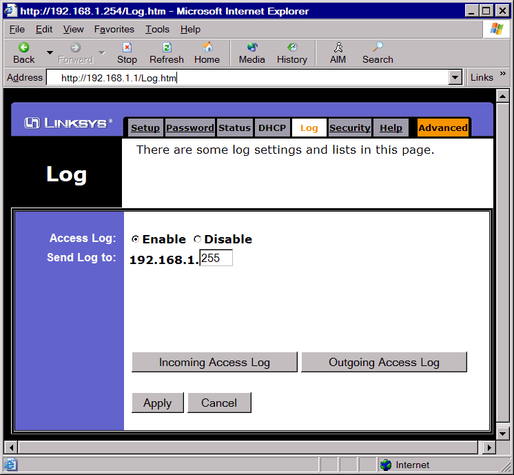 Linksys Router Configuration screenshot
