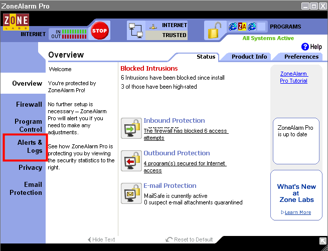 Screenshot of ZoneAlarm 3 log configuration