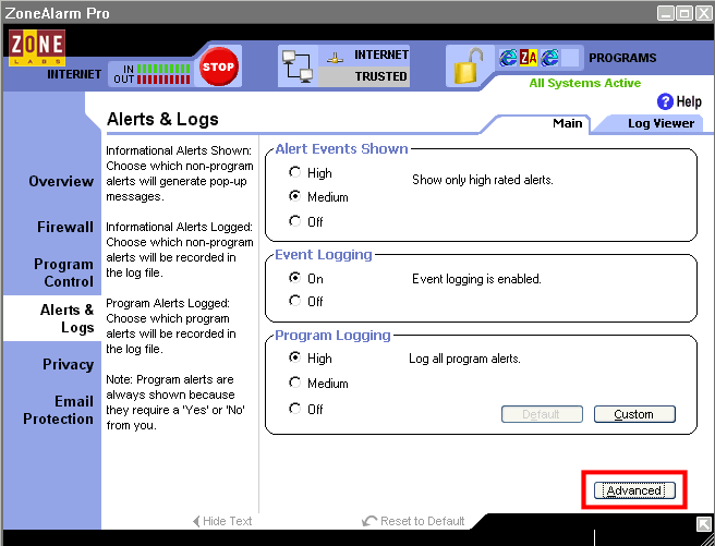 Screenshot of ZoneAlarm 3 Alerts and Logs configuration