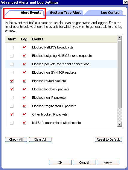 Screenshot of ZoneAlarm 3 log configuration