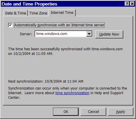 Windows time setting dialog